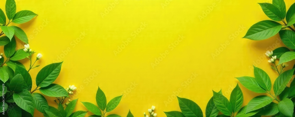 Naklejka premium Vibrant yellow background with lush green foliage, perfect for spring or summer themes Ideal for websites, presentations, and design projects needing a cheerful, natural aesthetic , lush, green