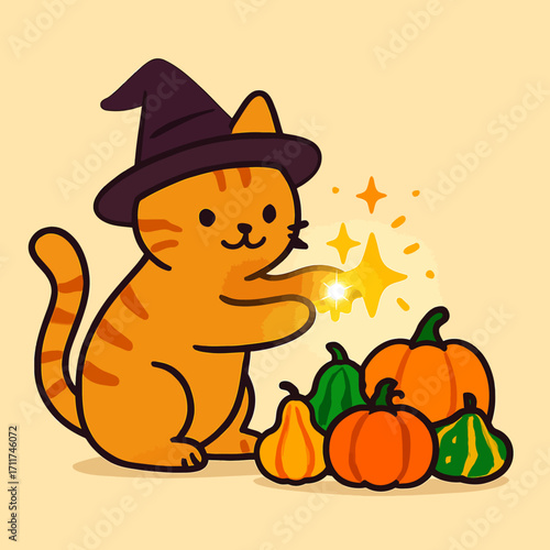 An adorable orange tabby cat, wearing a witch's hat, conjures magic over a collection of autumn pumpkins and gourds, perfect for Halloween.