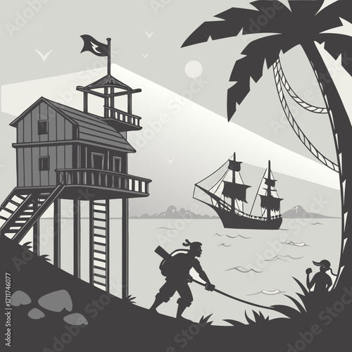 Vector art of a grayscale illustration captures a pirate lookout post, a ship at sea, and a figure with a spear on the shore, evoking a sense of adventure and mystery