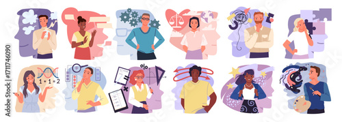 MBTI typology of people with different types of personality, creative thinking and behavior, psychology. Female and male characters with focus on emotion or logic thoughts cartoon vector illustration