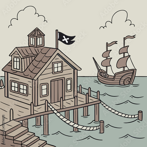 Vector art of a pirate house on a dock with a pirate ship sailing away, cartoon illustration