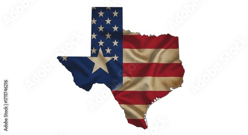 Texas state map silhouette overlaid with an American flag texture design