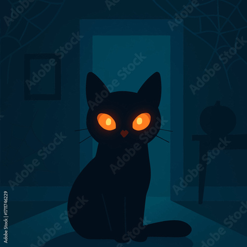 A mysterious black cat with glowing orange eyes sits in a spooky, dimly lit room adorned with spiderwebs, evoking the eerie spirit of Halloween night.