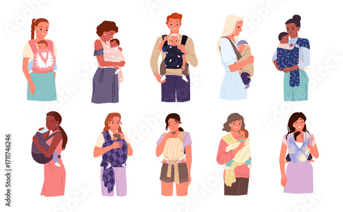 Mothers and father hold baby kids in sling set. Cute parents carry newborn children in carrier collection, young man and girls protect toddlers with love and care cartoon vector illustration
