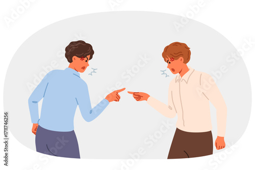Quarrel between office clerks finding out reasons for company low profits and shouting or pointing fingers at competitor. Two business men quarreling after breaking partnership agreement