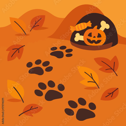 Adorable paw prints lead through a vibrant autumn landscape towards a cozy burrow filled with festive Halloween candy, a carved pumpkin, and a spooky bone.