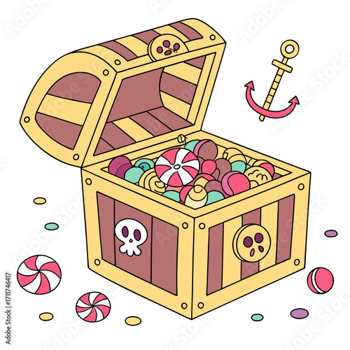 Vector art of a treasure chest full of colorful candies, evoking a sense of childhood wonder, adventure, and the sweetness of finding hidden treats