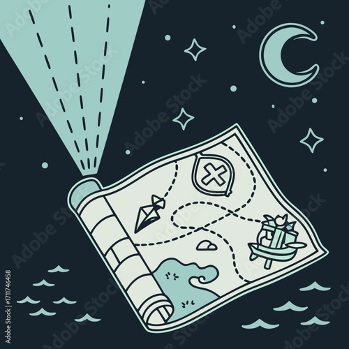 Vector art of a treasure map under the moonlight, revealing the path to hidden riches with an x marking the spot, guiding adventurers to a chest on a desert island