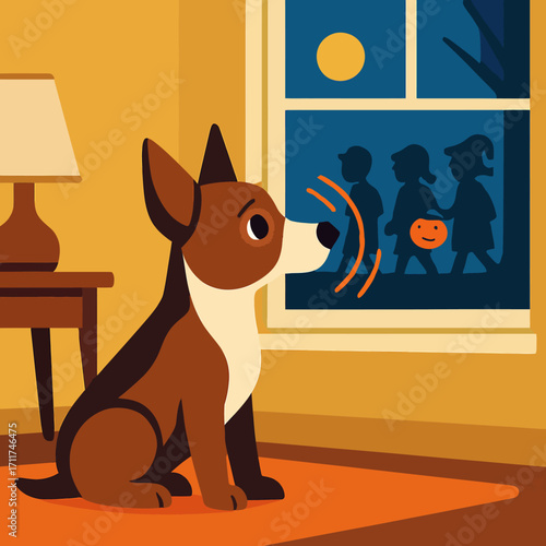An adorable dog inside a warm house reacts with barks to the joyful sight of children in costumes trick-or-treating outside on a spooky Halloween night.