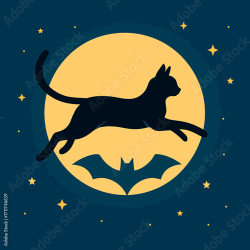 A mysterious black cat silhouette leaps gracefully across a bright full moon, accompanied by a spooky bat, perfect for Halloween night.