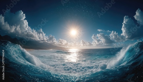 Wide angle view of powerful waves, sun, and clouds over ocean