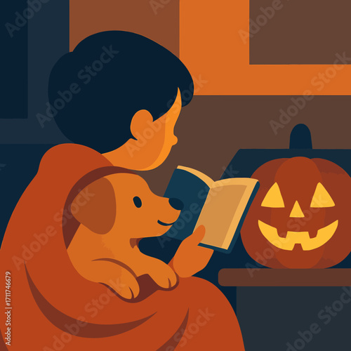 A child and their loyal dog share a peaceful and warm Halloween evening indoors, engrossed in a captivating storybook next to a cheerfully glowing carved pumpkin.