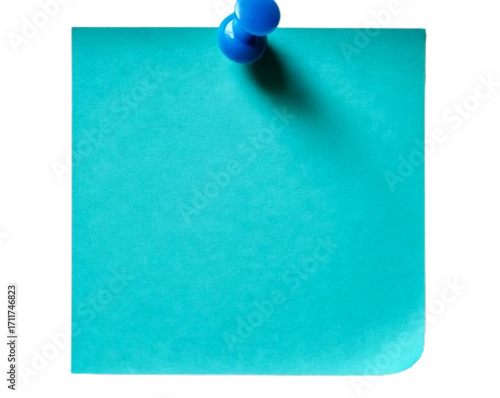 Pinned Turquoise Memo Note with Blue Push Pin, isolated PNG