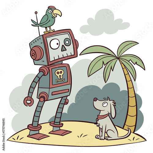 Vector art of a whimsical illustration of a robot, a parrot, and a dog on a desert island with a palm tree, creating a playful and imaginative scene