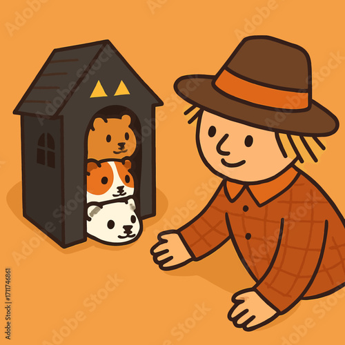 A friendly farmer in a plaid shirt reaches out to three adorable hamsters peeking from a spooky, Halloween-themed dog house on an orange background.