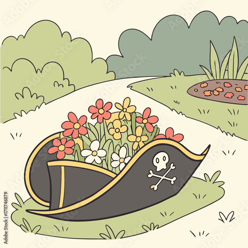 Vector art of a whimsical pirate hat filled with vibrant flowers rests on a grassy path, leading to a serene garden scene with lush greenery and a charming flower bed