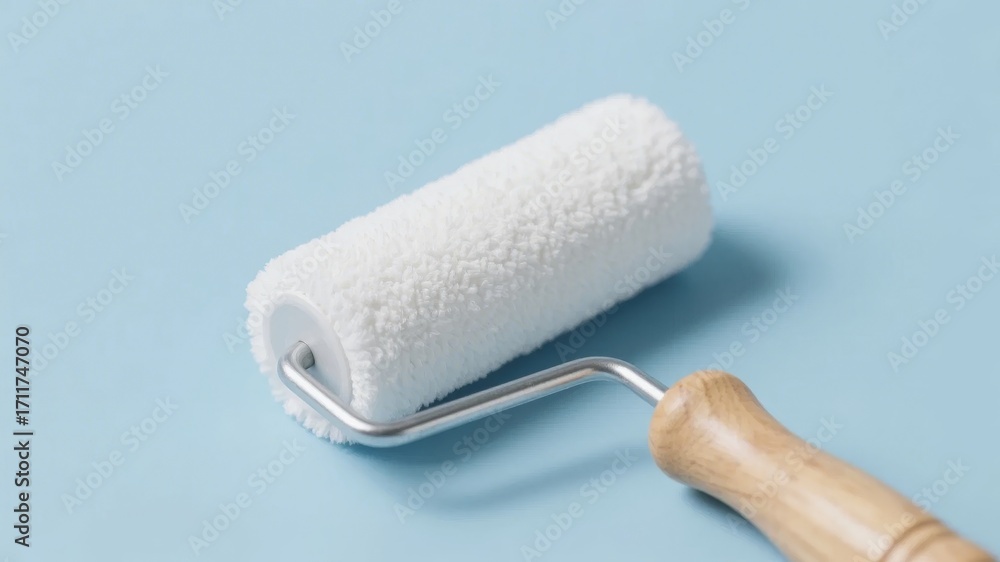 Obraz premium White paint roller with wooden handle on a light blue background