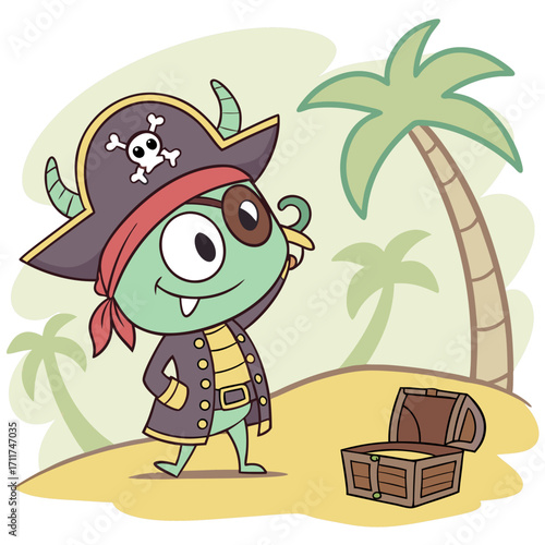 Vector art of cartoon pirate monster with treasure chest on a tropical island cheerful pirate monster character with eye patch, hat and gold