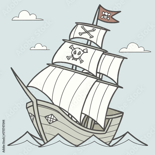 Vector art of cartoon pirate ship sailing on the sea pirate ship with skull and crossbones flag on the high seas
