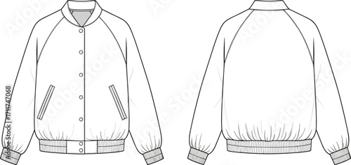 Bomber jacket technical flat sketch, front and back view, vector fashion template, unisex outerwear design, ribbed cuffs and hem