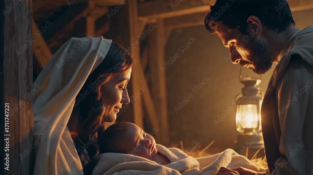 custom made wallpaper toronto digitalNativity scene with Mary and Joseph admiring baby Jesus in peaceful stable setting.