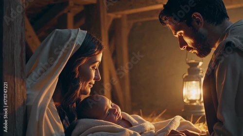 Wallpaper Mural Nativity scene with Mary and Joseph admiring baby Jesus in peaceful stable setting. Torontodigital.ca