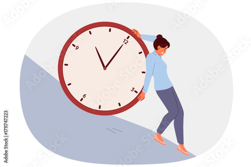 Deadlines put pressure on business woman trying to stop time, holding back big watch rolling down mountain. Problem of deadlines for businesswoman who wants to prevent violations of agreed plan