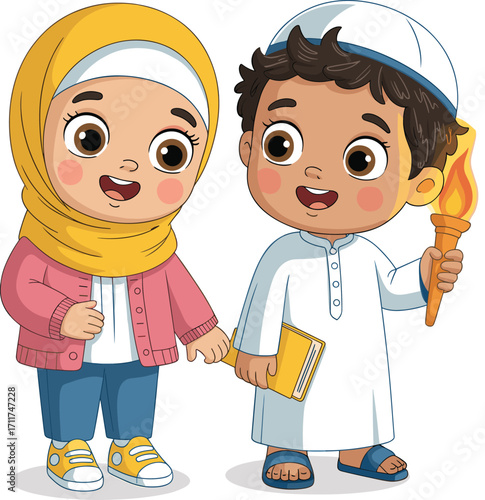 Cute Muslim children cartoon, girl wearing hijab and boy holding torch, Quran book, Islamic education, religious learning, cultural values, kids illustration, vector art, faith, spiritual growth