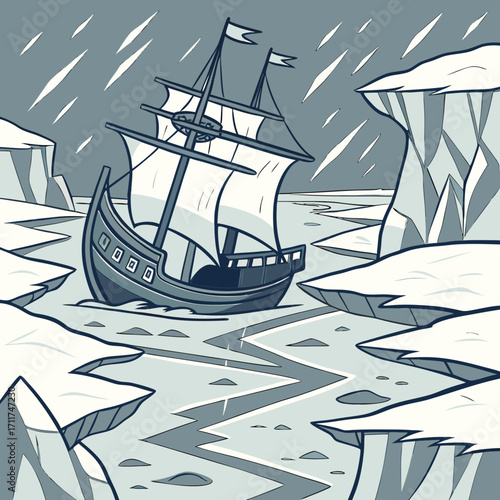 Vector art of monochromatic illustration of a ship trapped in icy waters, surrounded by icebergs, conveying a sense of isolation and peril in a frozen landscape