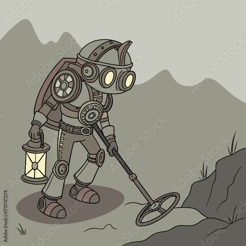 Vector art of steampunk explorer with a metal detector in a mountainous landscape, wearing a vintage diving suit and holding a lantern, searching for treasure