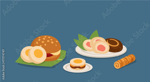 A delectable selection of savory snacks and breakfast items, including a burger, sushi rolls, and a pastry, arranged on a solid blue background