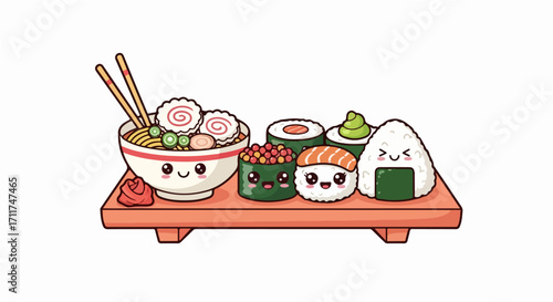 A charming platter of smiling Japanese cuisine, including a happy bowl of ramen, cheerful sushi rolls, and a cute onigiri rice ball