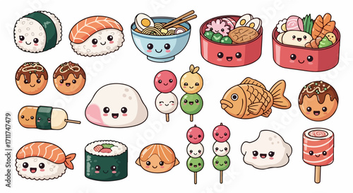Adorable set of cartoon Japanese cuisine illustrations. Cute kawaii faces on sushi, ramen, mochi, and other traditional snacks