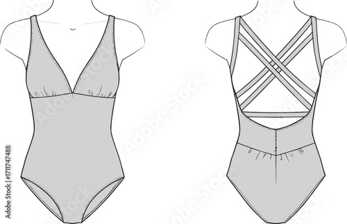 One-piece swimsuit technical drawing, front and back view, fashion design sketch, vector illustration, swimwear pattern, women's swimwear, minimalist style, garment template, beachwear design