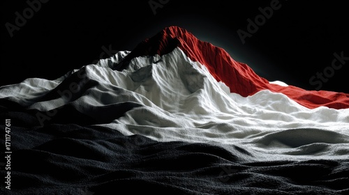 Dramatic mountain peak, draped in white and red, against a dark backdrop