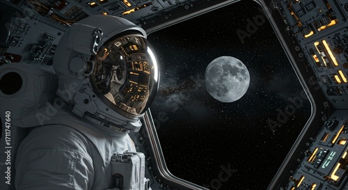 Fototapeta Naklejka Na Ścianę i Meble -  Astronaut man observer sees the full moon from spacecraft window. Space exploration and future orbital mission concept.