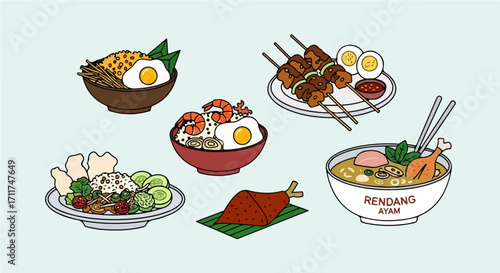 Delicious traditional Indonesian cuisine collection. Features iconic dishes like Rendang, Nasi Goreng, Sate, and soups, showcasing authentic Asian food culture and flavors
