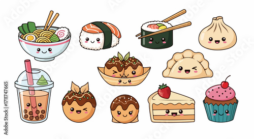 Charming vector illustration featuring a delightful array of cute cartoon Asian food characters, including kawaii sushi, ramen, dumplings, takoyaki, bubble tea, and sweet treats