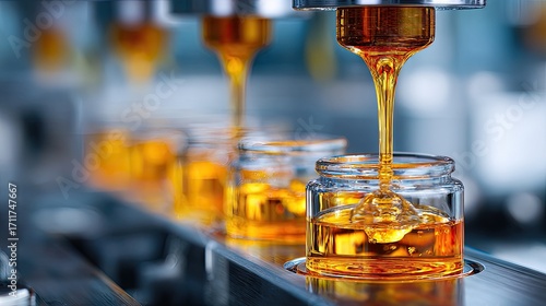 Golden liquid pouring into small jars on a conveyor belt