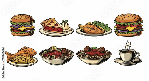 Collection of delicious food and drink illustrations including burgers, pie, fish and chips, spaghetti, and coffee