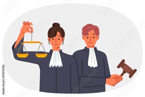 Judge and lawyer call for compliance with law and threaten fair punishment for violators of criminal code. Judge gavel and scales in hands of jury determining degree of guilt of defendant