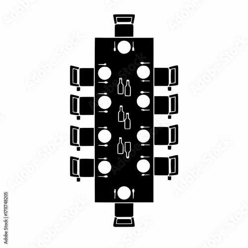Overhead view vector icon of a long dinner table set for twelve people with plates, chairs, and drinks, perfect for conference, banquet, restaurant, or large meeting illustration.