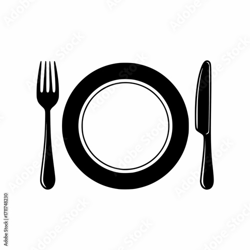 Classic vector icon of a full dinner setting with an empty plate, fork on the left, and knife on the right, symbolizing dining, restaurant service, and a formal meal
