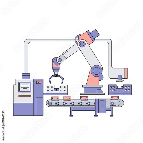 Flat line art illustration of an automated industrial production line with a robotic arm and conveyor belt system representing smart manufacturing