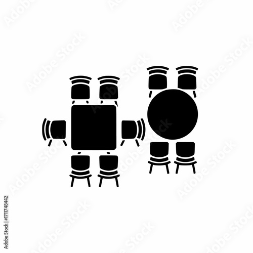 Vector graphic of a dining room set, showing a square table with 8 chairs and a round table with 6 chairs, from a top-down view.