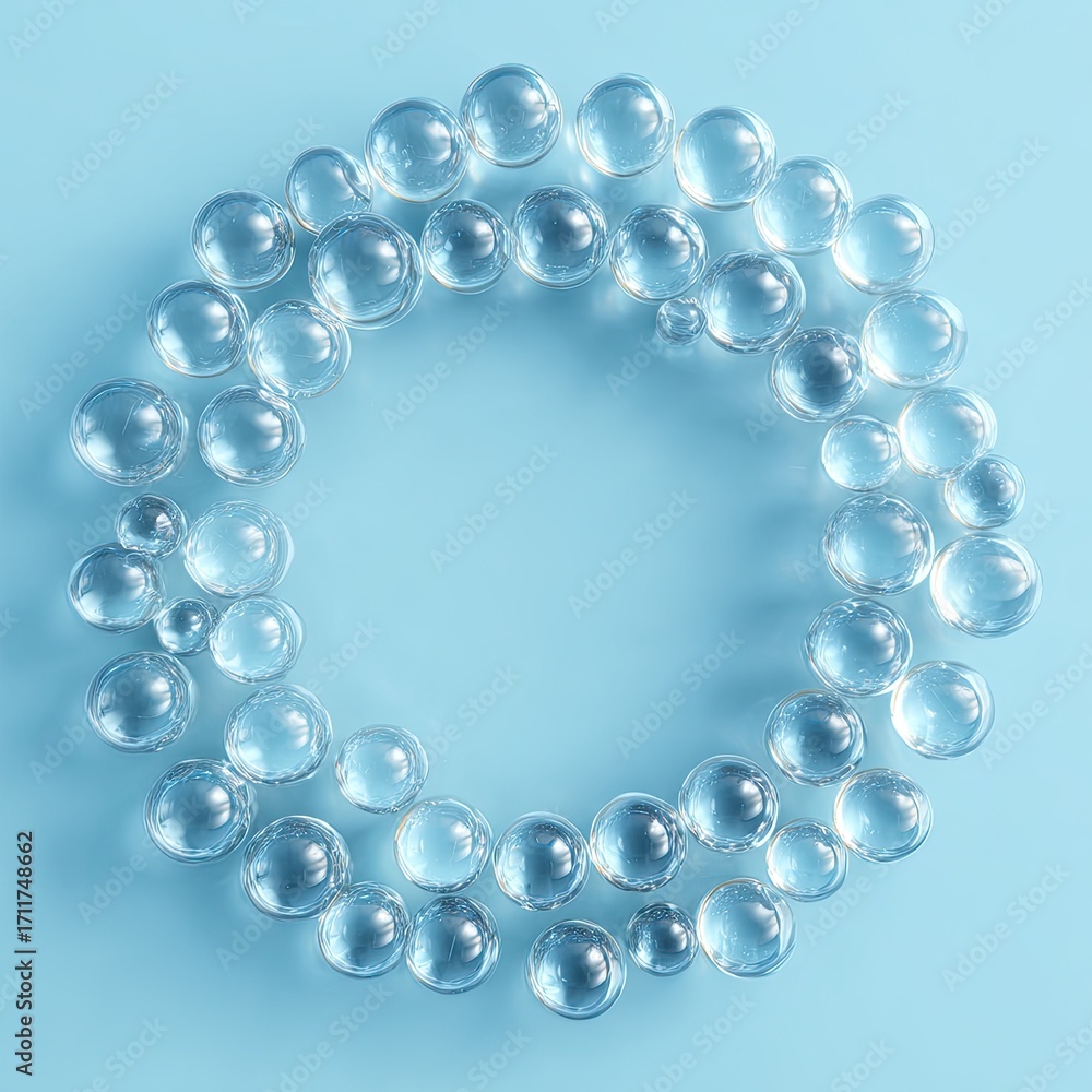 Obraz premium Clear spheres form a circle on a light blue background