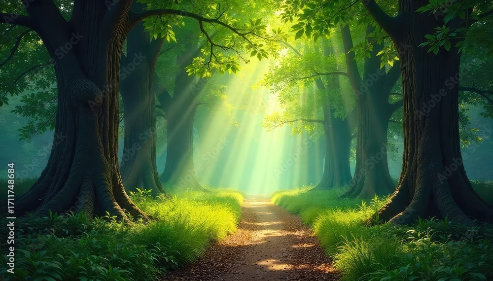Fototapeta premium A sun-dappled forest path winds through ancient trees, sunlight filtering through leaves, creating a magical, mysterious atmosphere Perfect for fantasy, adventure, or nature themes , light, soil