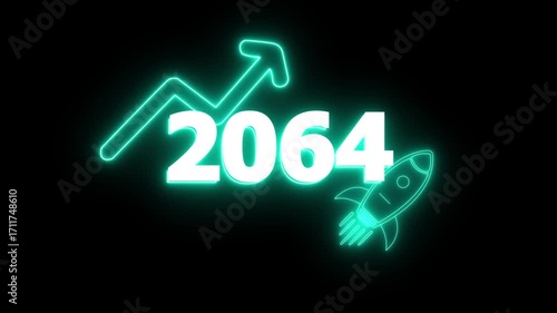 Wallpaper Mural Neon 2064 year with upward arrow graph and rocket ship icon on black background new year Glow Against Dark Jahreswechsel, Schrift mit Neonschein 4k video Background animation Torontodigital.ca