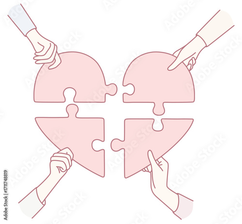 Hands carefully fitting colorful puzzle pieces into a heart shape, beautifully symbolizing teamwork and unity