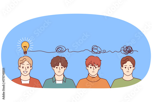 Several men brainstorm together and organize chaotic thoughts into idea in form of light bulb above heads. Teams brainstorm and develop ideas to obtain ideal and innovative product
